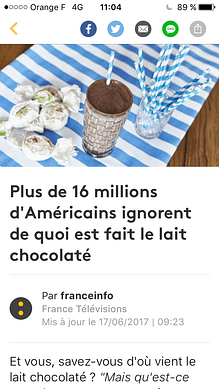 L'article corrigé chez Franceinfo montrant du lait chocolaté au lieu du chocolat au lait.