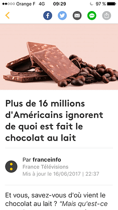 Capture d'écran de l'application FranceInfo qui montre un article sur le chocolat au lait