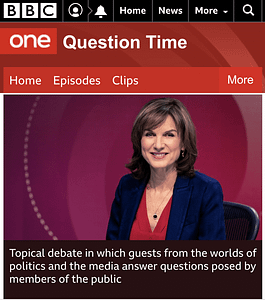 capture d'écran du site de la BBC avec l'émission Question Time diffusée sur BBC One
