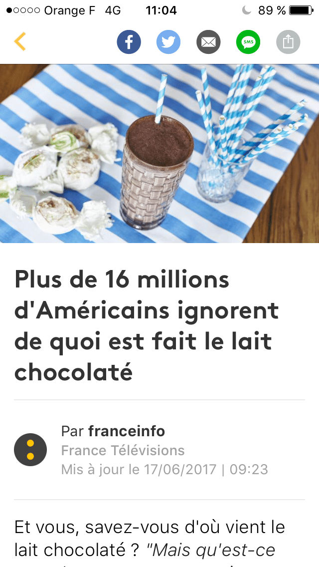 L'article corrigé chez Franceinfo montrant du lait chocolaté au lieu du chocolat au lait.